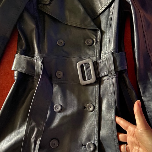 Versace navy leather trench coat - Picture 9 of 12